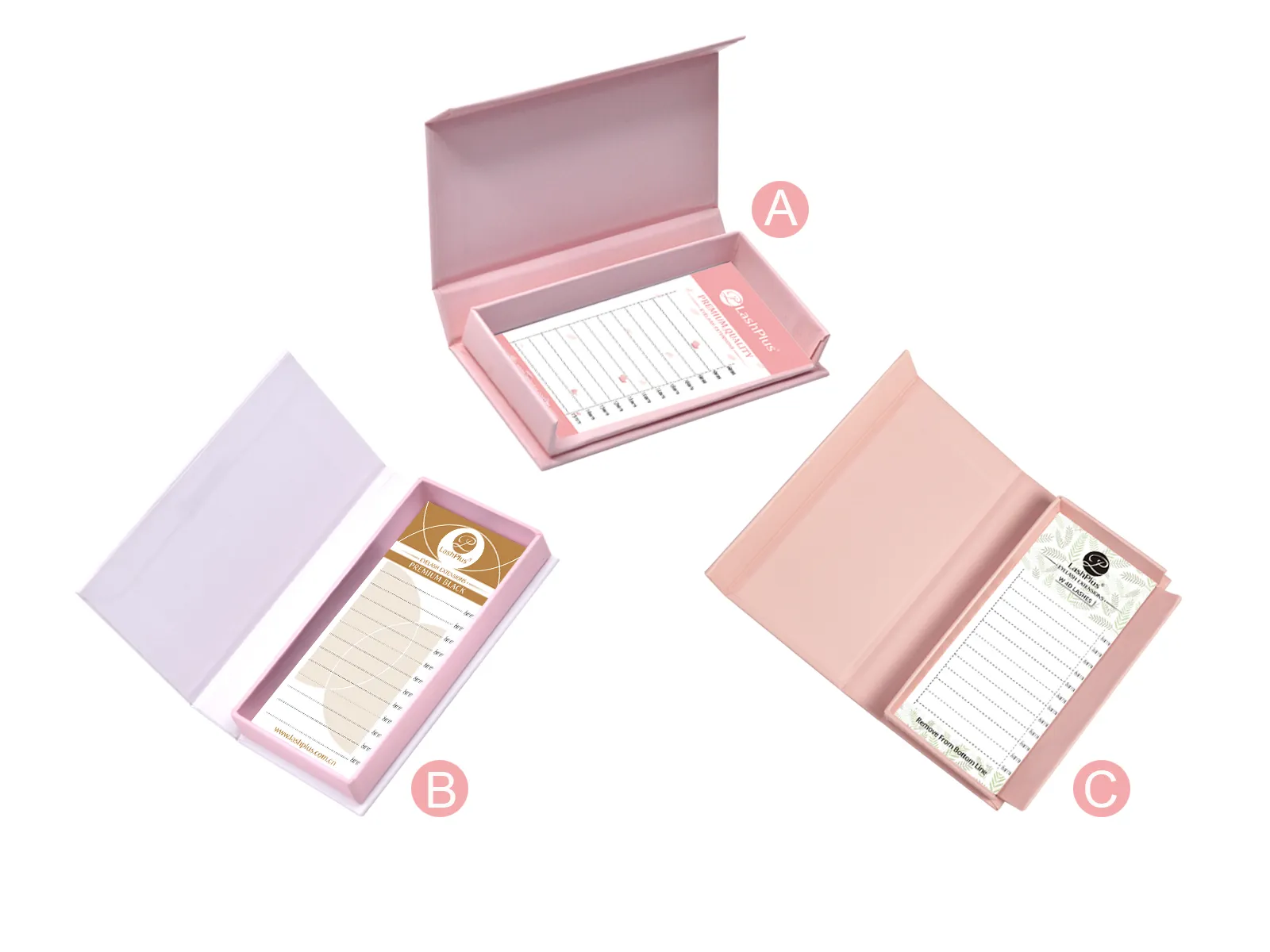 Three custom magnetic lash boxes opened to show branded lash trays inside — different structures and colourways